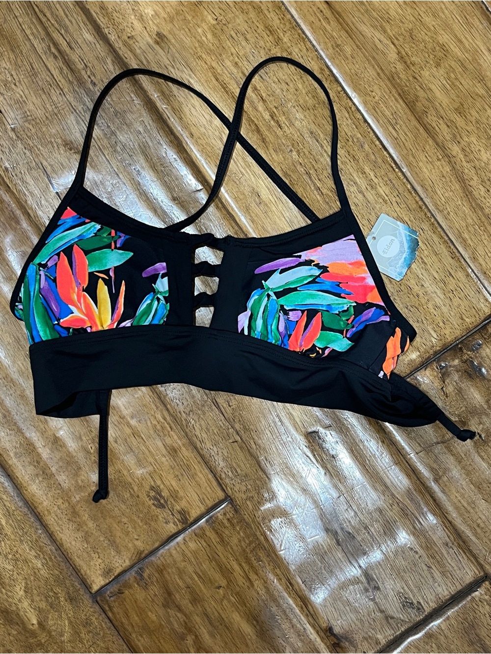 Women's Black Bikini Top with Tropical Multi-Color Print
